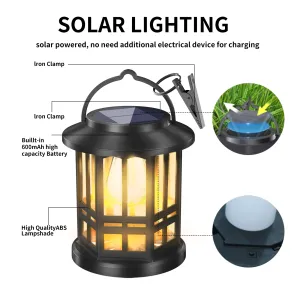 Exploded view of solar garden lamp components including LED, panel, and stake