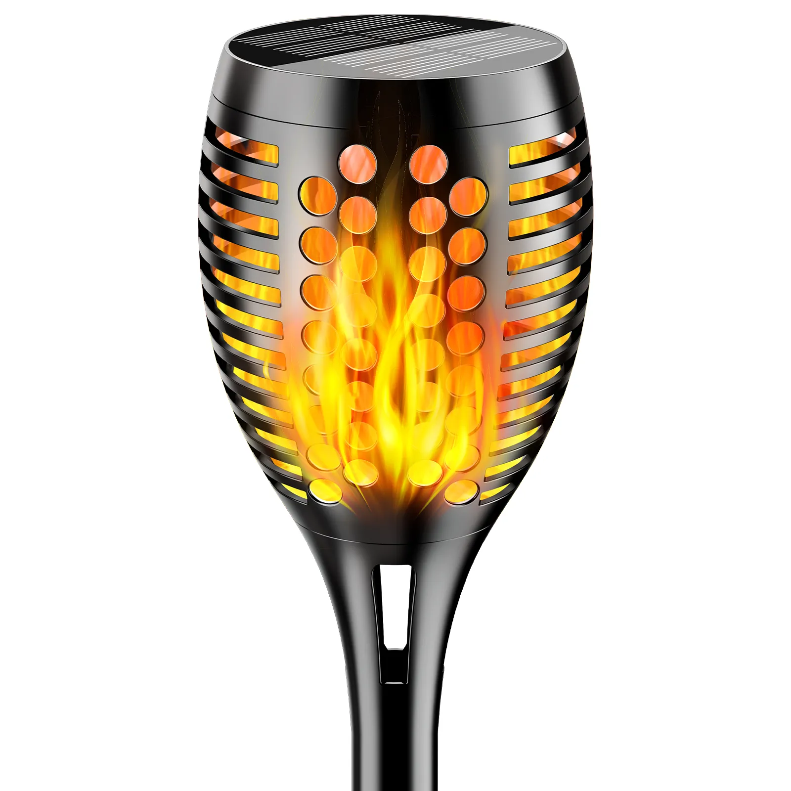 Decorative solar torch lights with flickering flame effect illuminating a garden pathway at dusk.