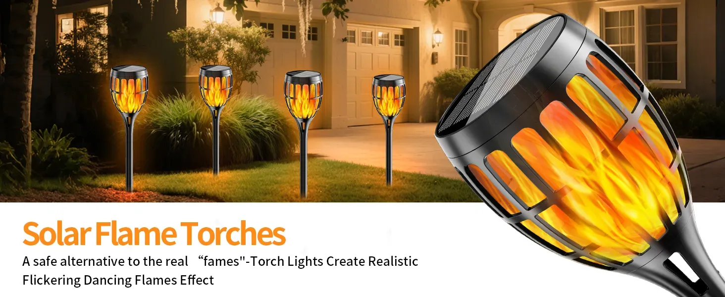Close-up of solar torch light with flickering flame effect at night