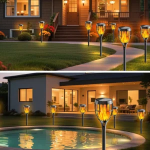Close-up of solar torch light with flickering flame effect at night