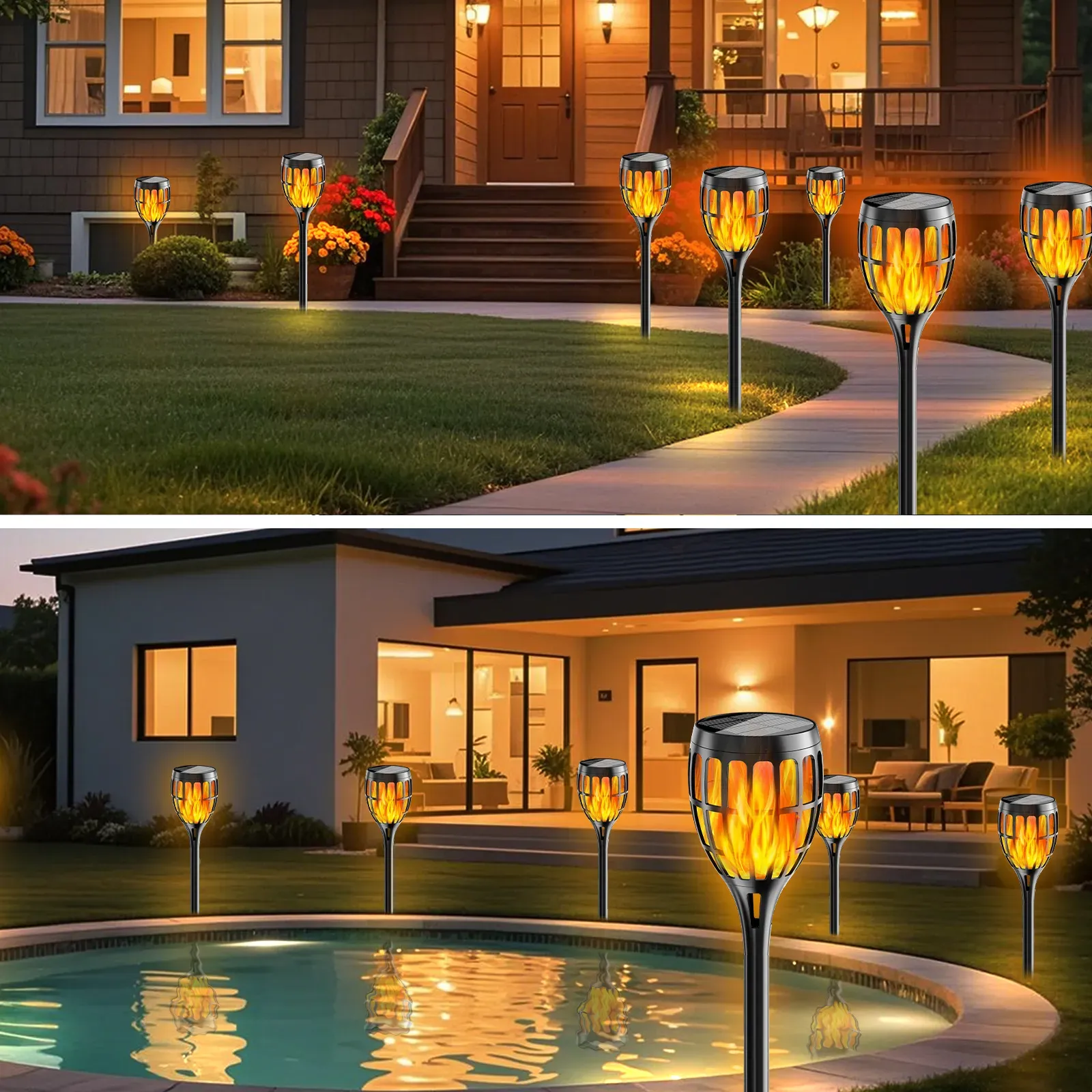 Close-up of solar torch light with flickering flame effect at night