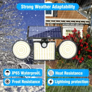 Outdoor wall light mounted on fence, showing LED lighting with solar panel and waterproof casing at night