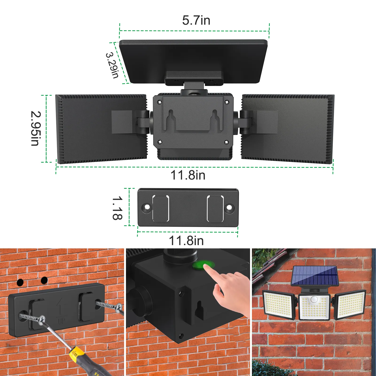 Black solar wall light outdoor lamp glowing warmly on wooden fence