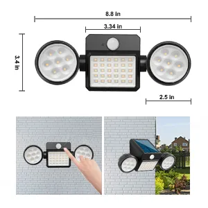 Outdoor wall lights mounted on a patio wall, illuminating garden space with solar-powered LED brightness