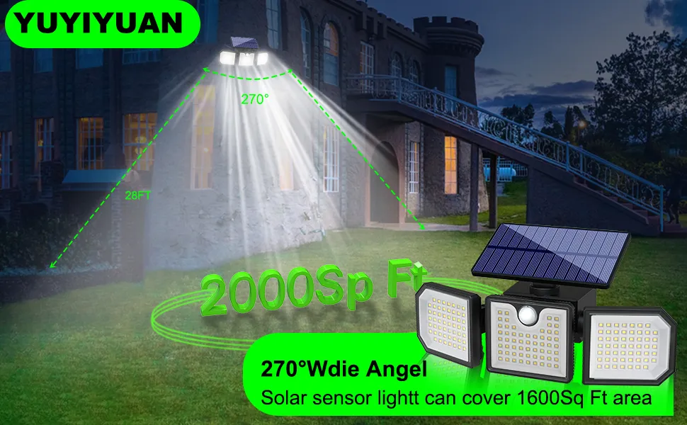 Black solar wall light fixture glowing on garden fence at night