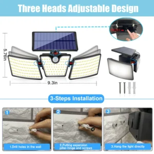 Solar-powered wall mounted lamps lighting up exterior brick wall with LED glow and motion detection