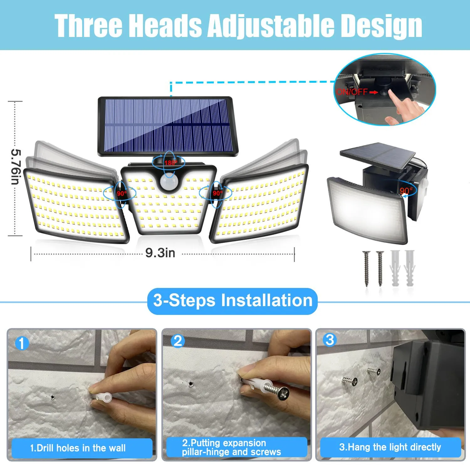 Solar-powered wall mounted lamps lighting up exterior brick wall with LED glow and motion detection