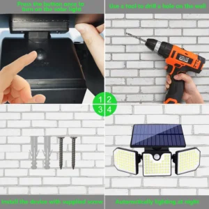Mounted exterior solar powered wall lights illuminating a backyard fence with LED glow and waterproof housing
