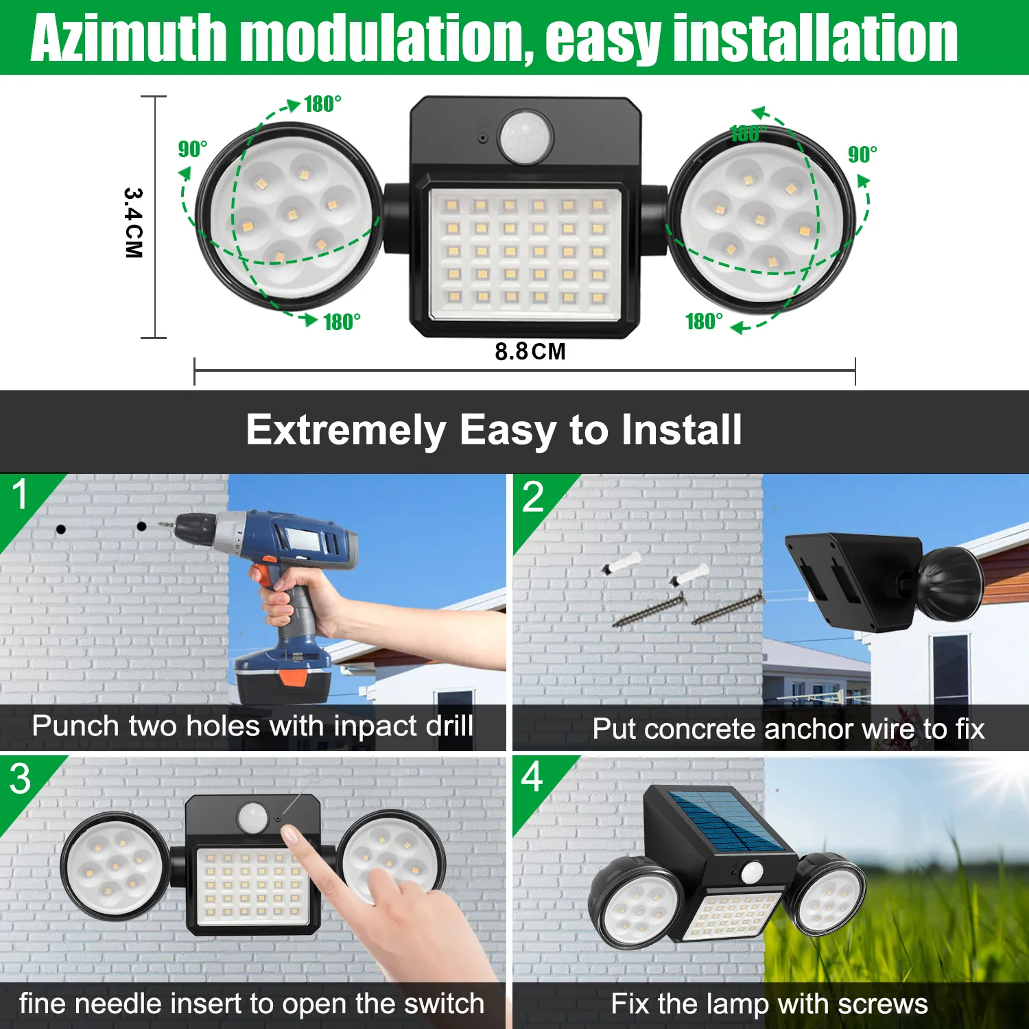 Outdoor wall lights mounted on a patio wall, illuminating garden space with solar-powered LED brightness