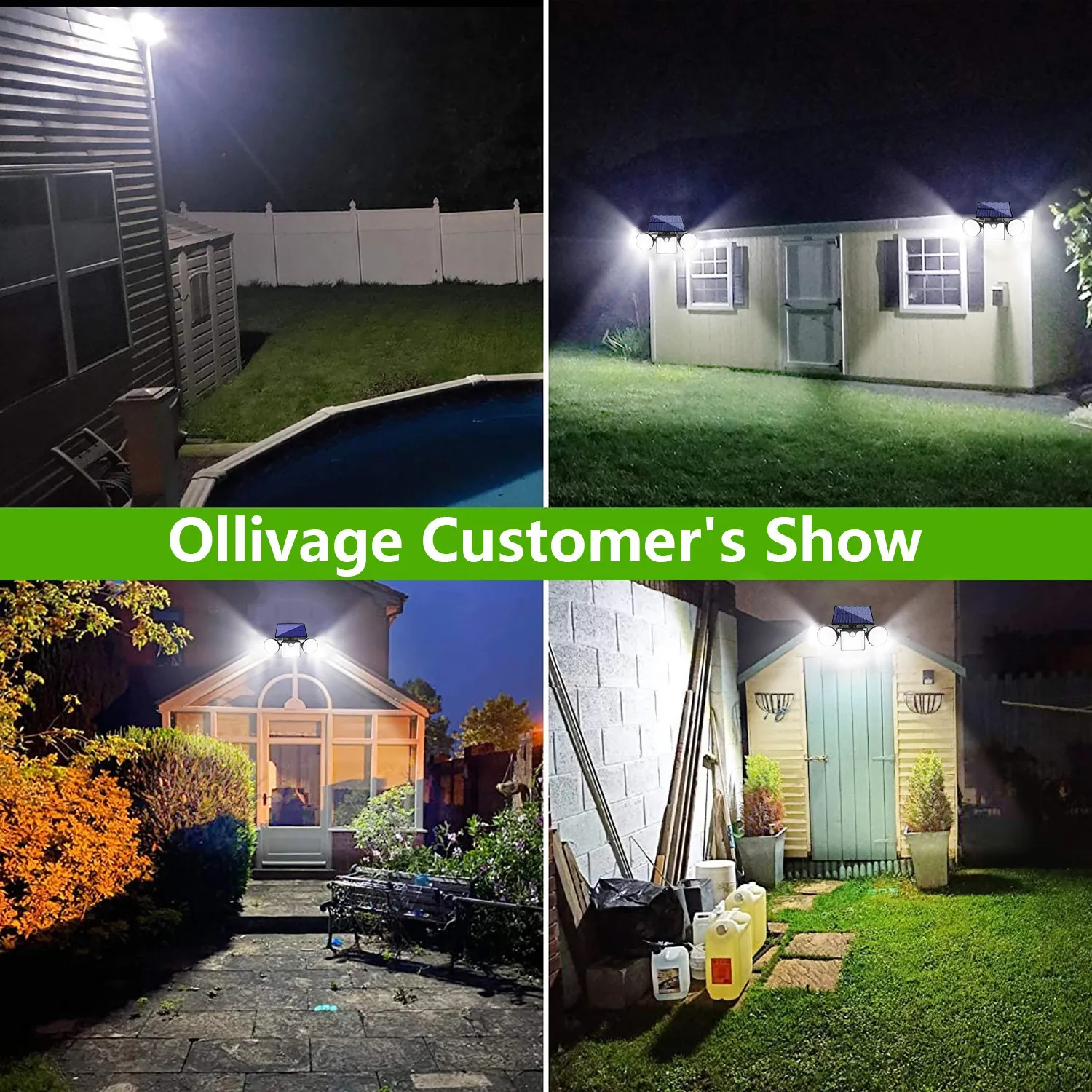Outdoor wall light mounted on fence, showing LED lighting with solar panel and waterproof casing at night