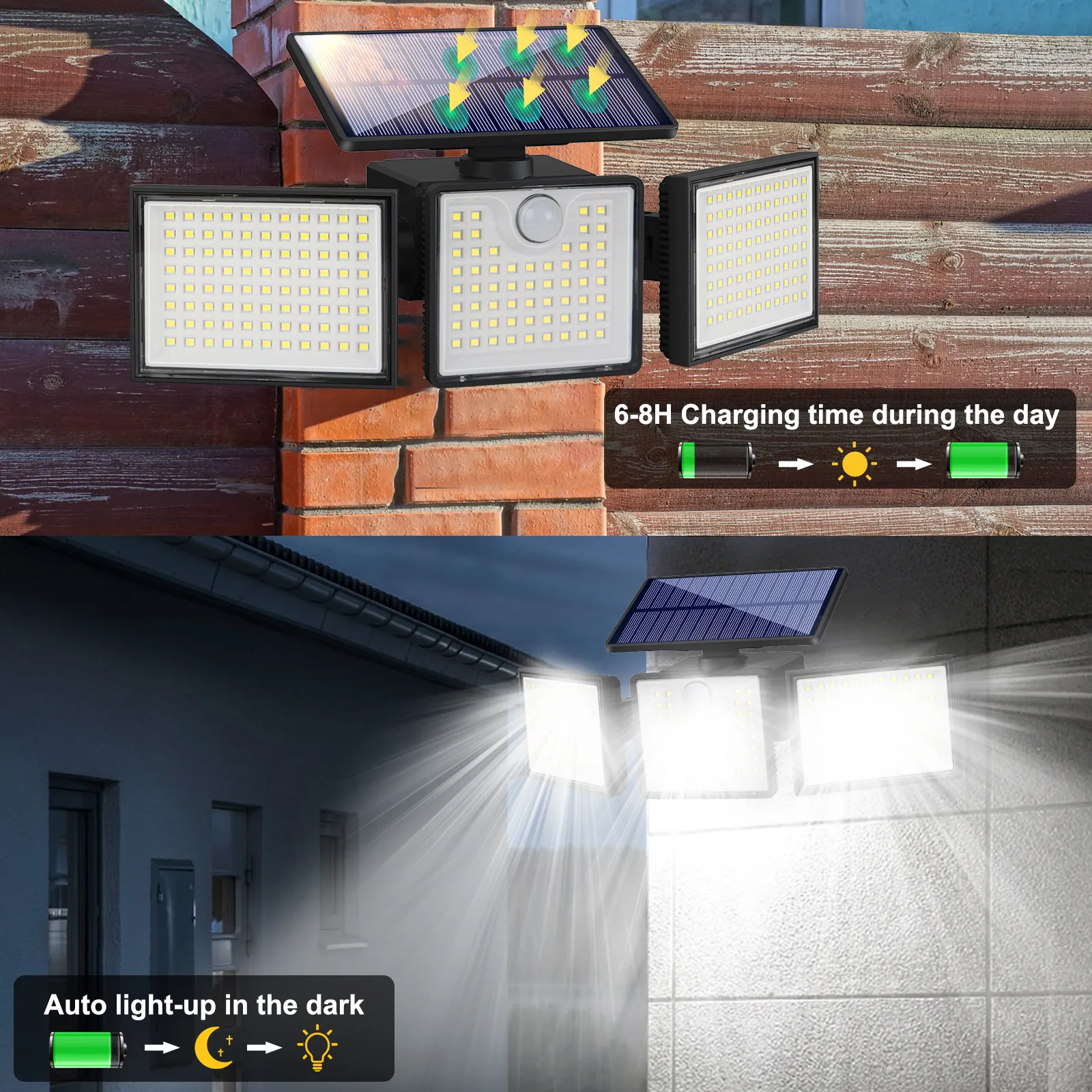Black solar wall light outdoor lamp glowing warmly on wooden fence