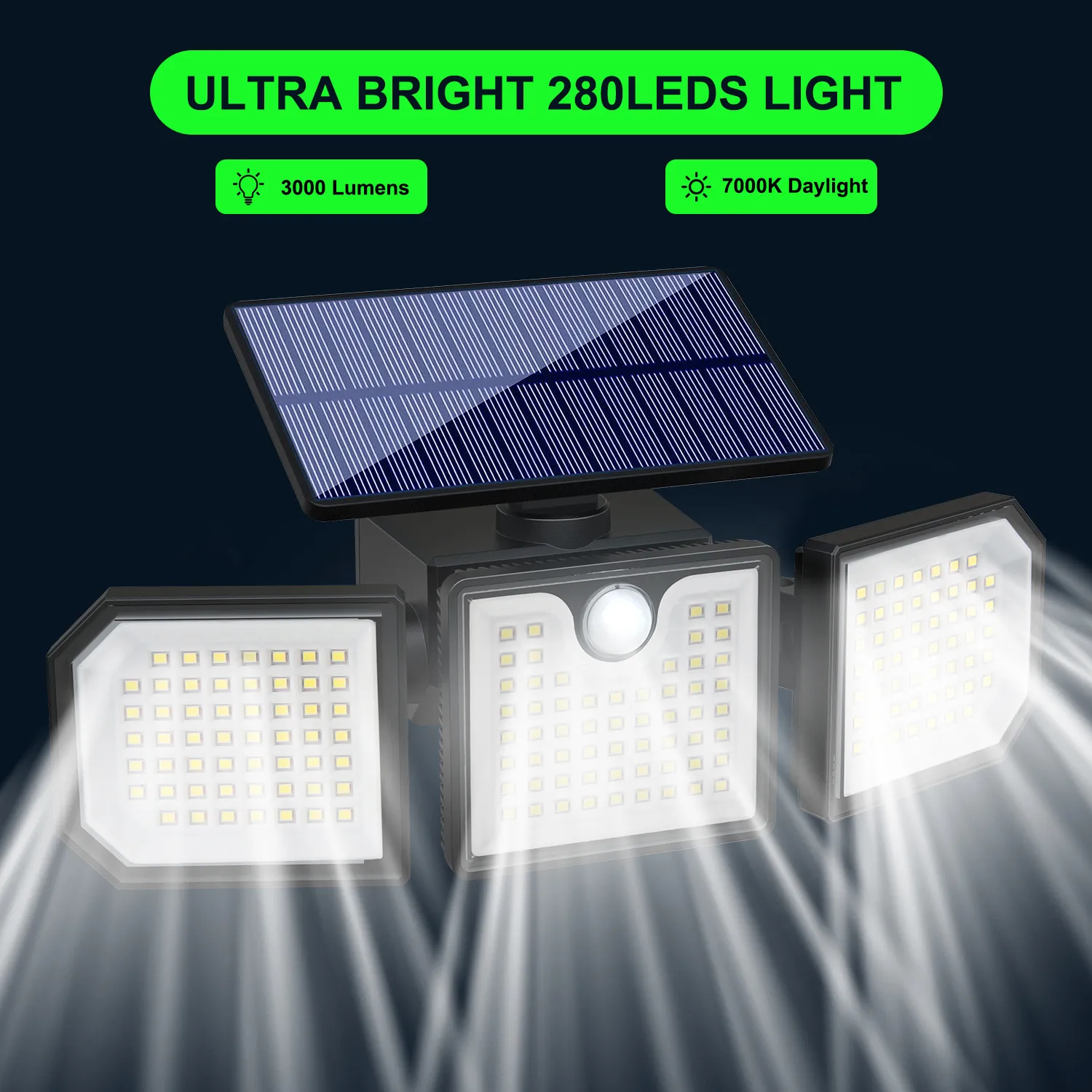 Black solar wall light fixture glowing on garden fence at night