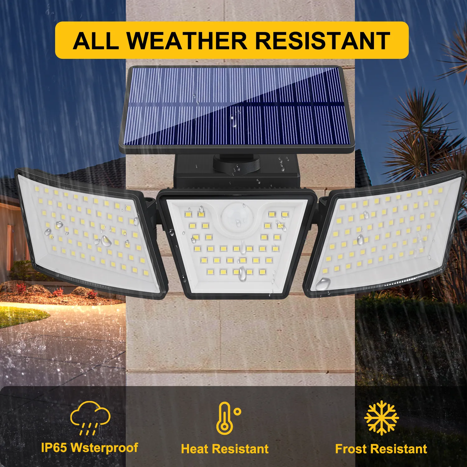 Weatherproof solar-powered sconce wall light illuminating backyard