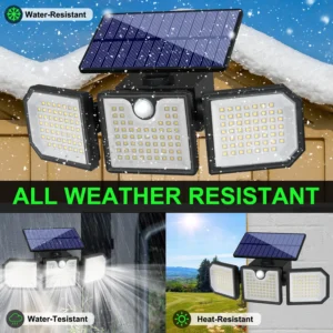 Black solar wall light fixture glowing on garden fence at night