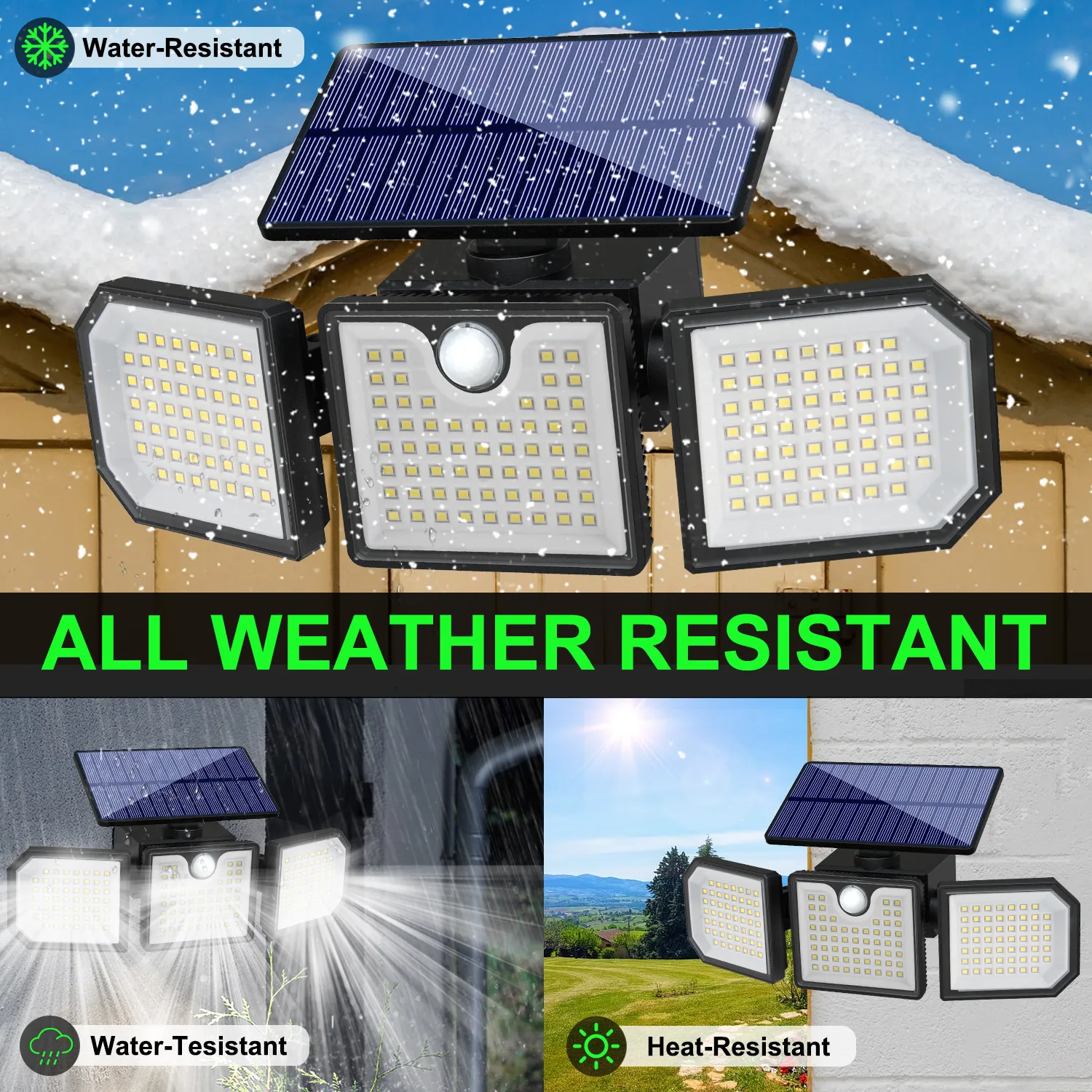 Black solar wall light fixture glowing on garden fence at night