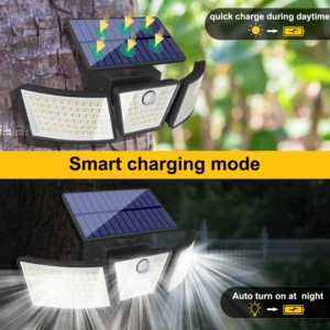 Weatherproof solar-powered sconce wall light illuminating backyard