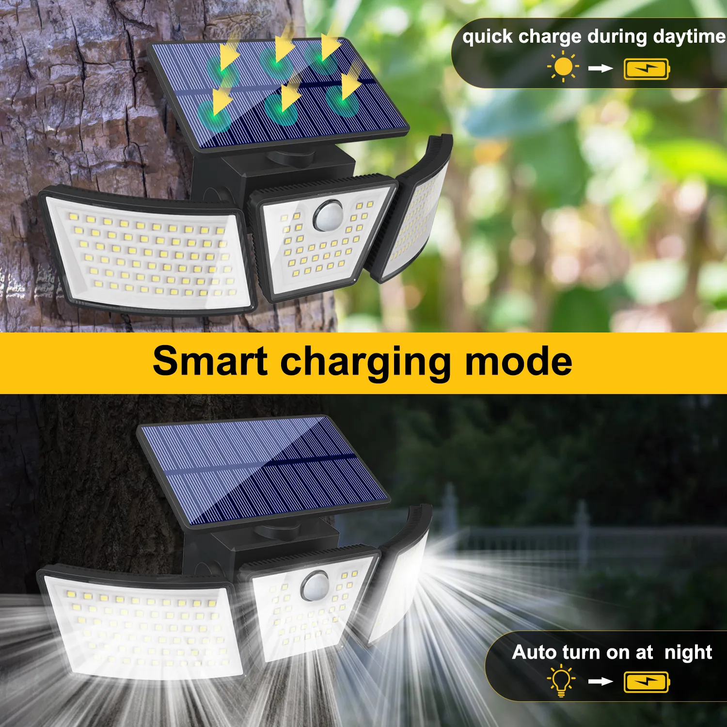 Weatherproof solar-powered sconce wall light illuminating backyard