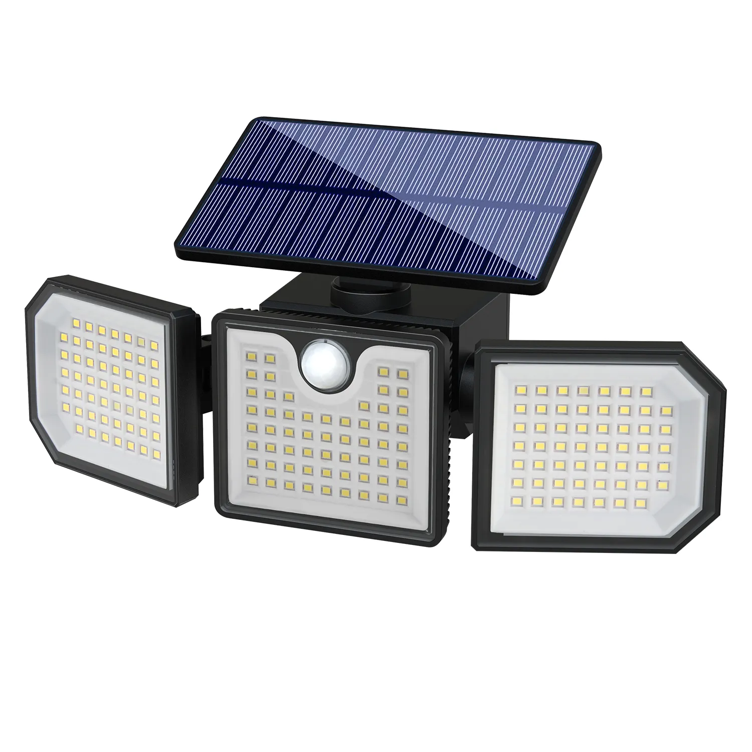 Black solar wall light fixture glowing on garden fence at night