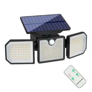 Mounted exterior solar powered wall lights illuminating a backyard fence with LED glow and waterproof housing