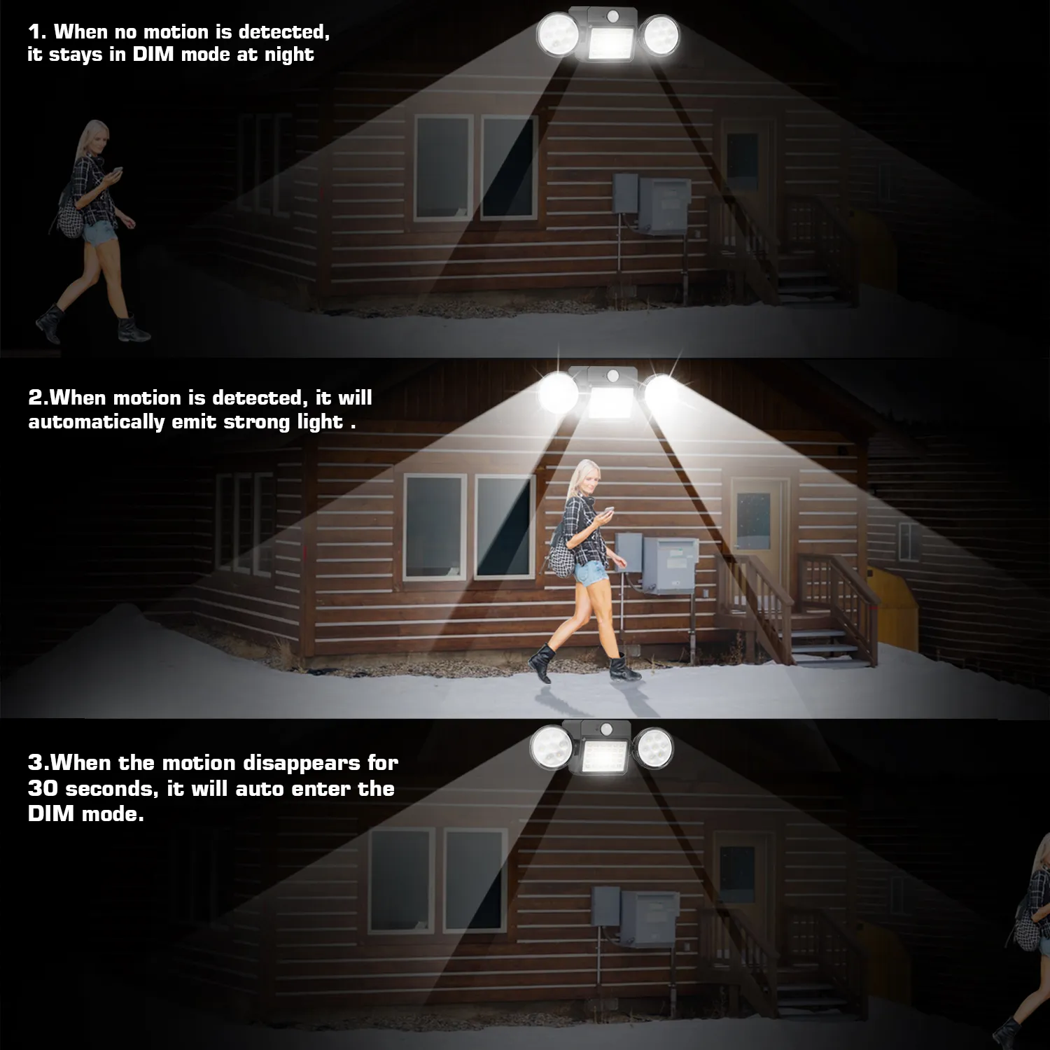 Outdoor wall lights mounted on a patio wall, illuminating garden space with solar-powered LED brightness