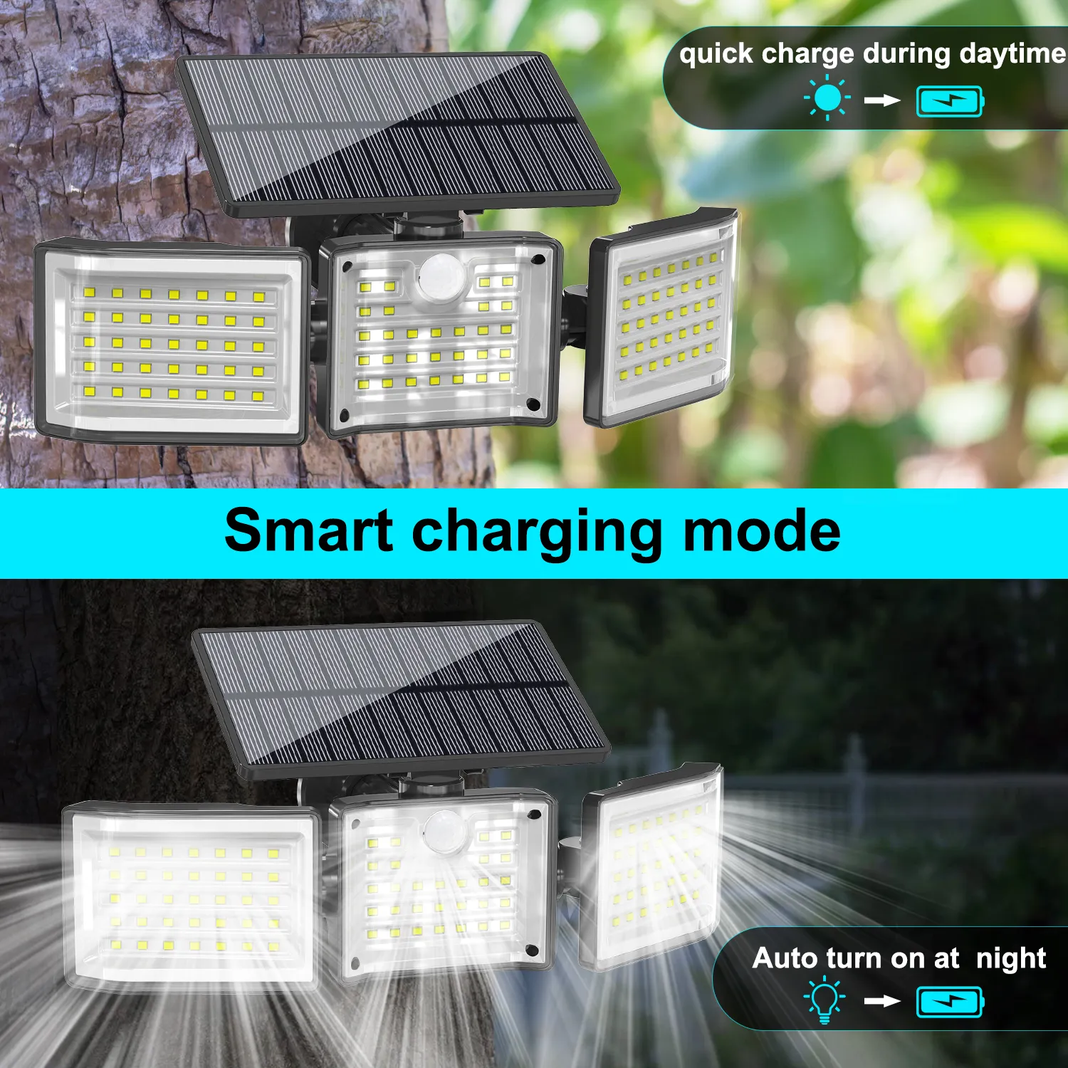 Bright solar-powered wall lights illuminating backyard