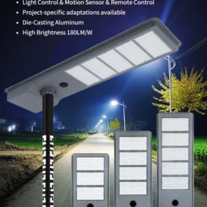 All in one solar led street light, light control, motion sensor and remote control, 180LM/W
