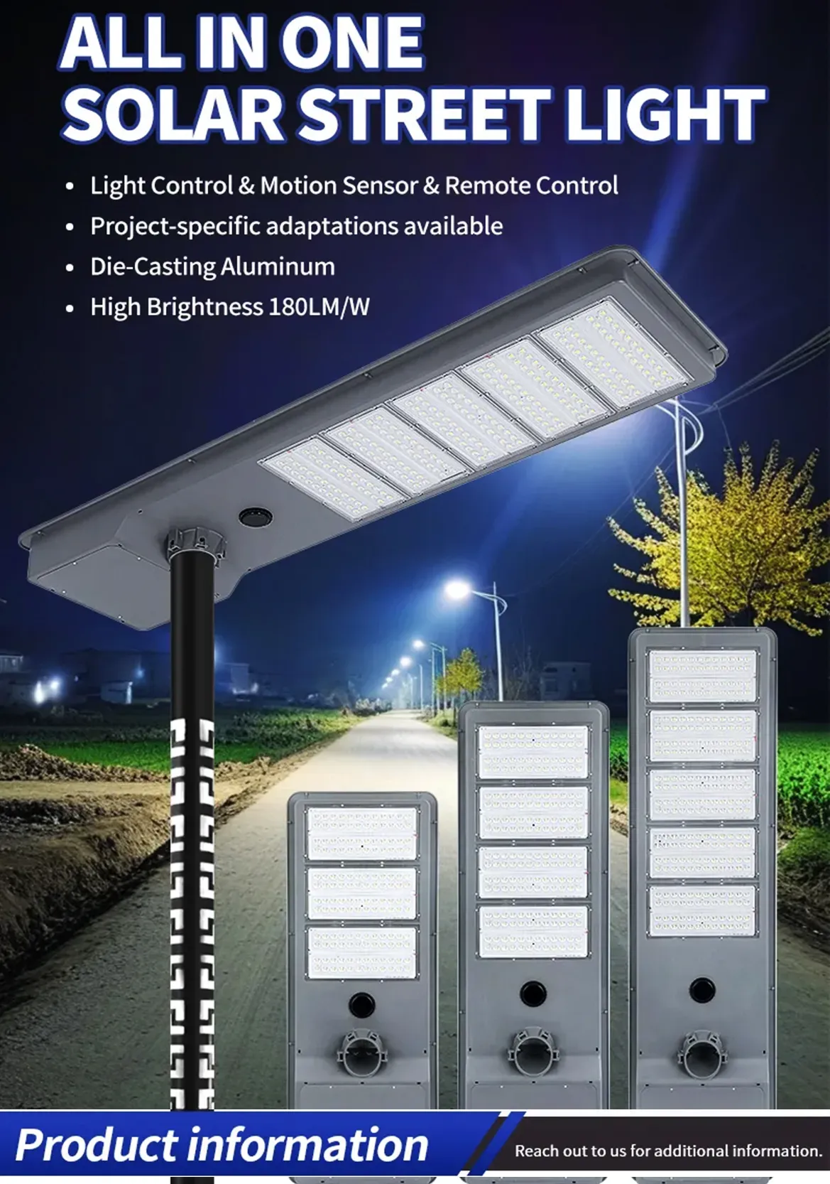 All in one solar led street light, light control, motion sensor and remote control, 180LM/W