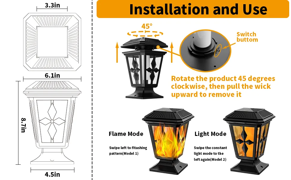 Installation and usage methods of solar-powered decorative column head palace lanterns. Flame mode and light mode.