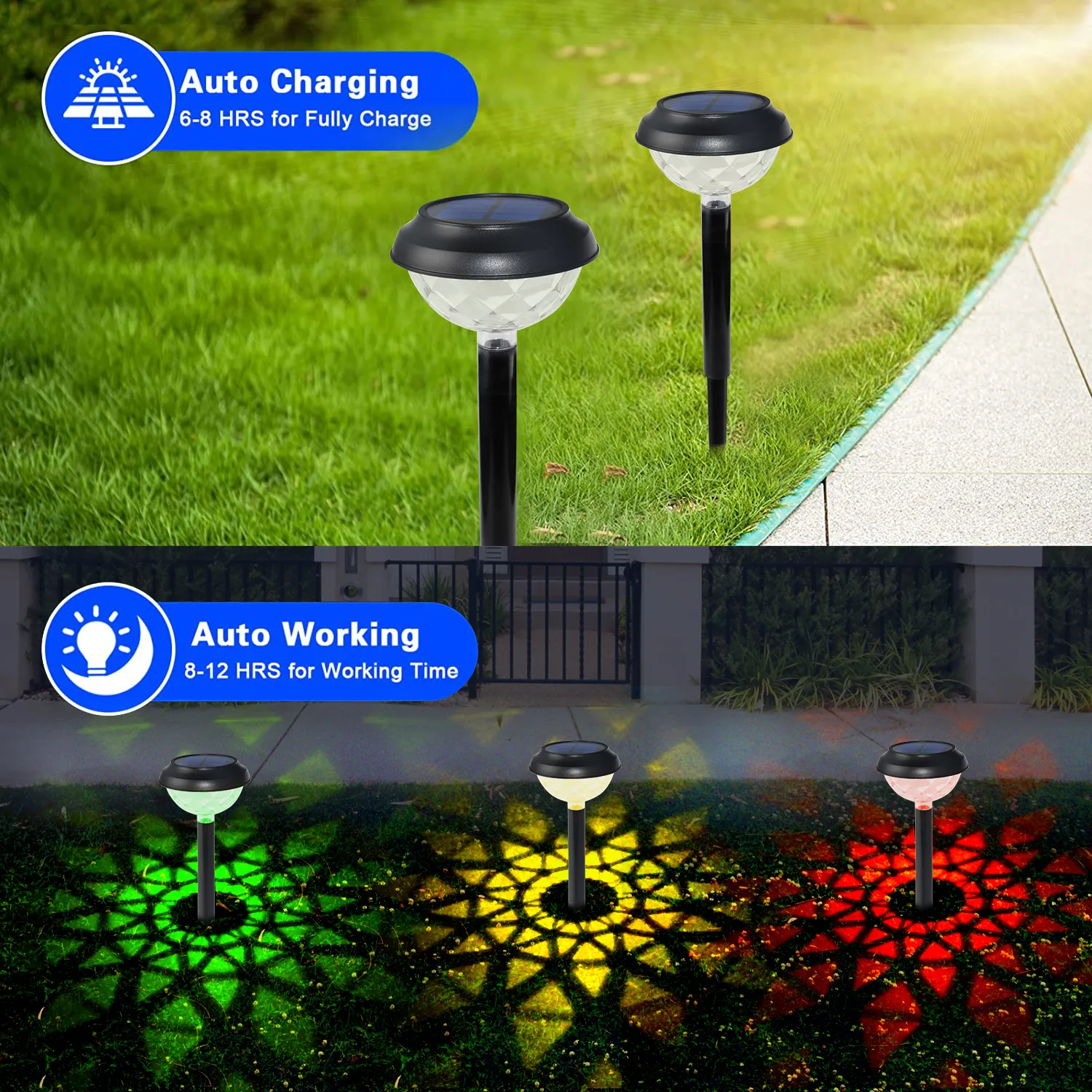 Solar decorative garden lights auto charging 6-8 hours, auto working8-12 hours.