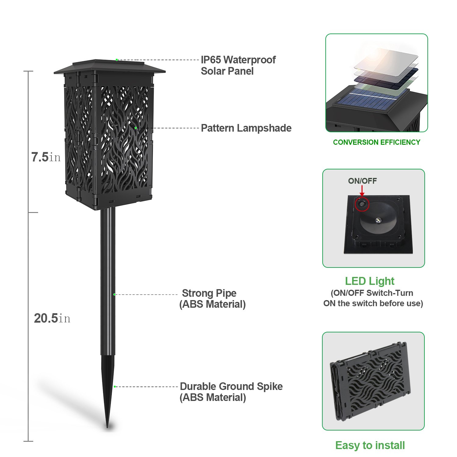 Colorful folding lawn lihgt with IP65 waterproof solar panel on/off switch and durable ground spike.