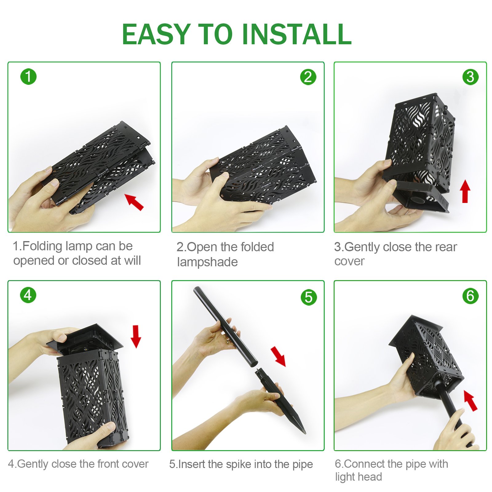 Installation about folding light with leaf-shaped, no wiring required, assemble the solar foldable lamp.