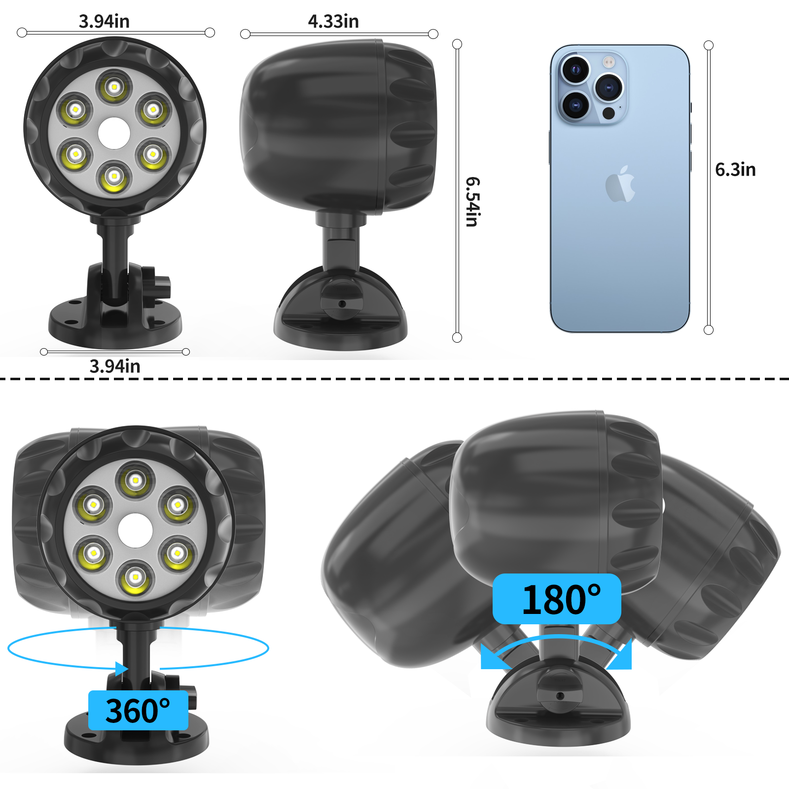 The product size and adjustable Angle of the 6LED human body sensor flood light