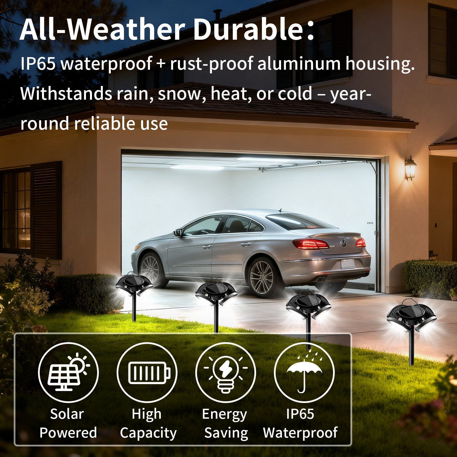 All-weather durable solar-controlled garage lights, IP65 waterproof, heat-resistant, frost resistant