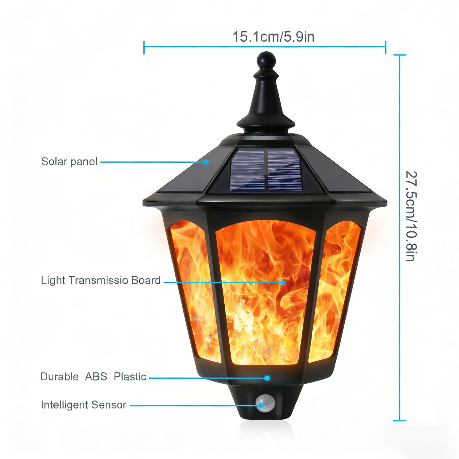 Parameters and dimensions of solar flame lamps for outdoor use