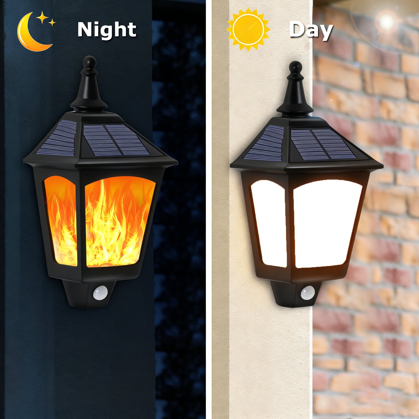 LED solar flame effect wall light, auto charging in the day and auto working at night