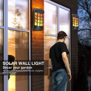 Security solar wall lamp for garden decoration, realistic flames effect