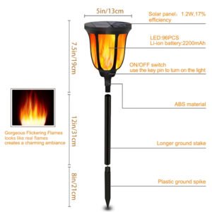 Technical parameters and dimensions of solar flame torch lamps, ABS material