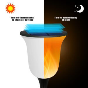 A decorative flame stake light equipped with a light sensor for automatic illumination control