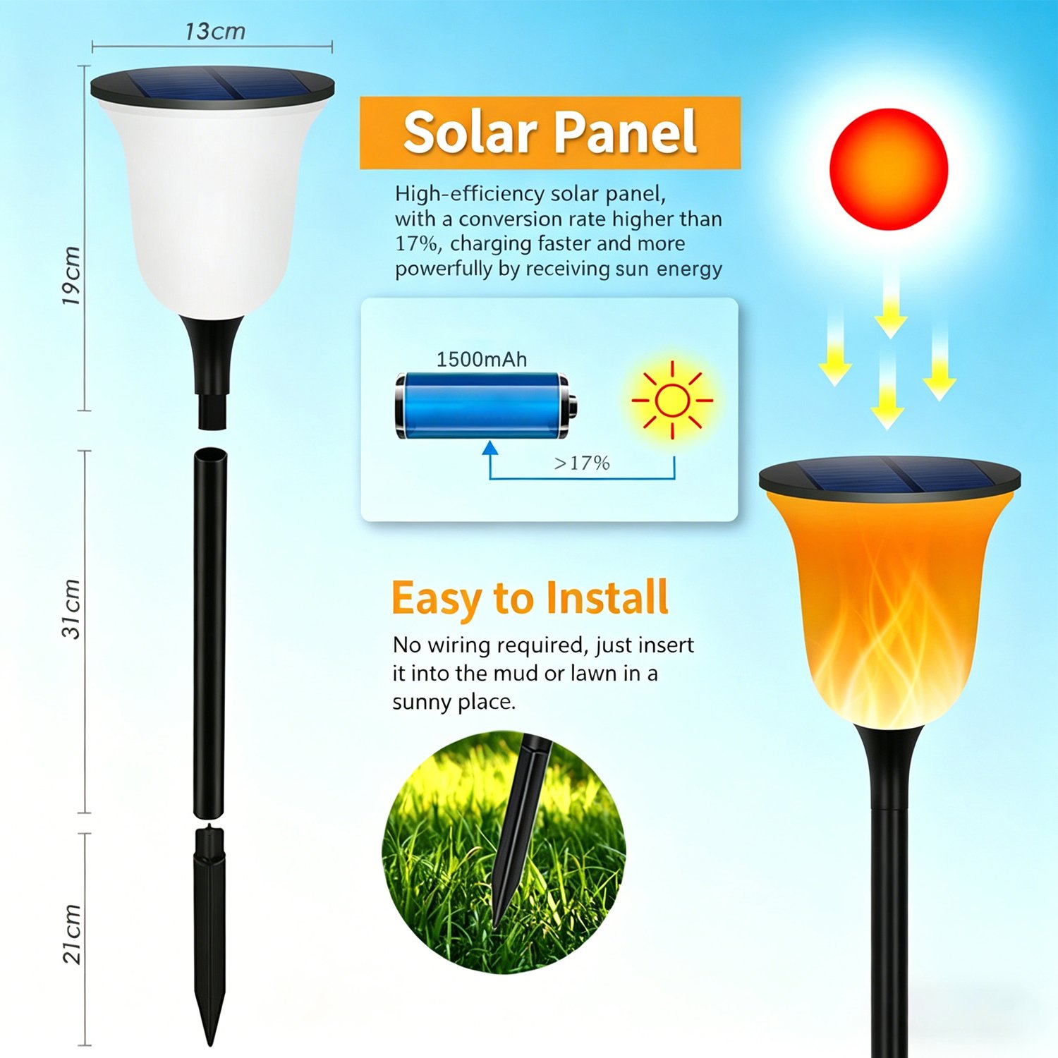 Solar flame stake light, conversion rate >17% polycrystalline silicon solar panel