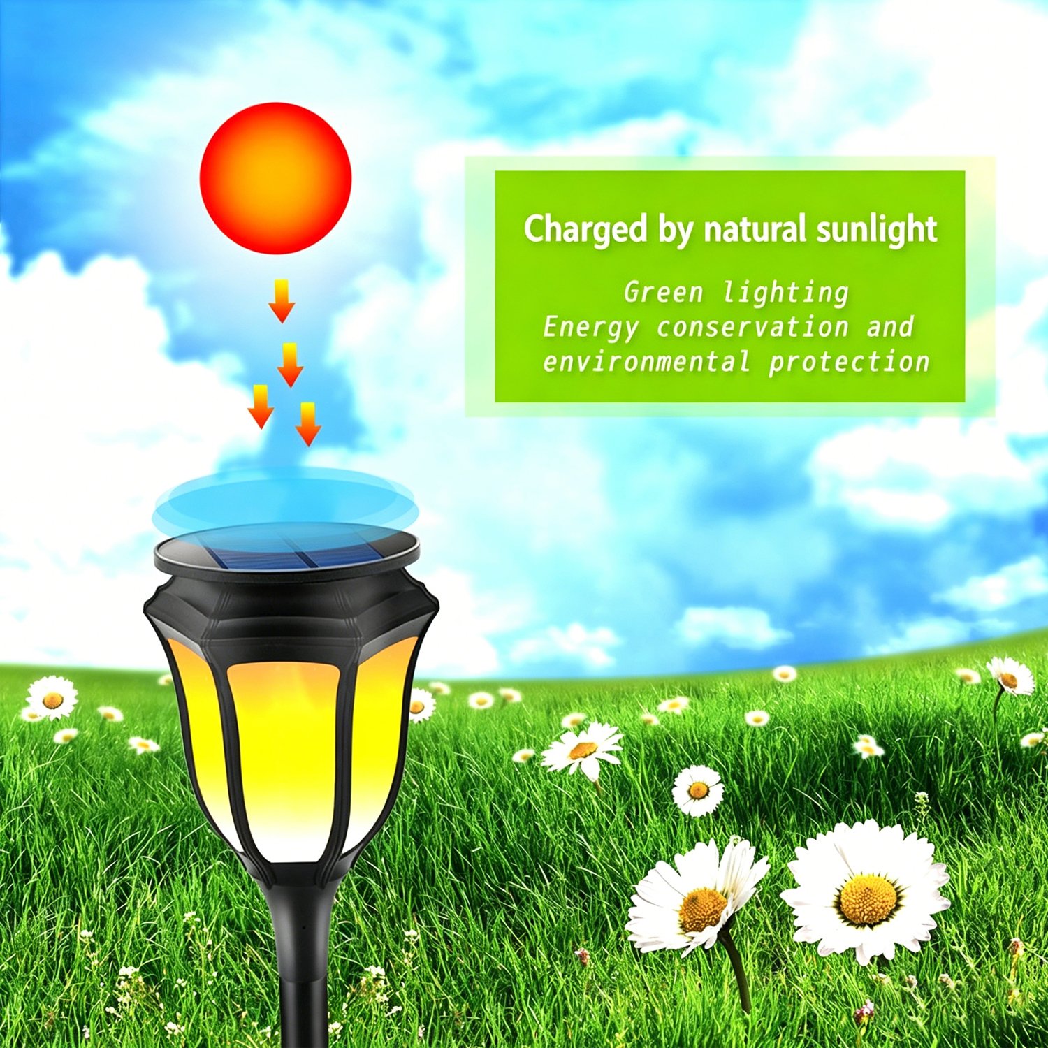 Green and environmentally friendly torch lamp, naturally charged by sunlight