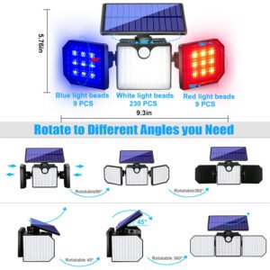 Maximize your security coverage with this versatile warning wall lampp, which features fully rotatable side heads and an adjustable solar panel, allowing you to direct light and charging efficiency exactly where you need it.