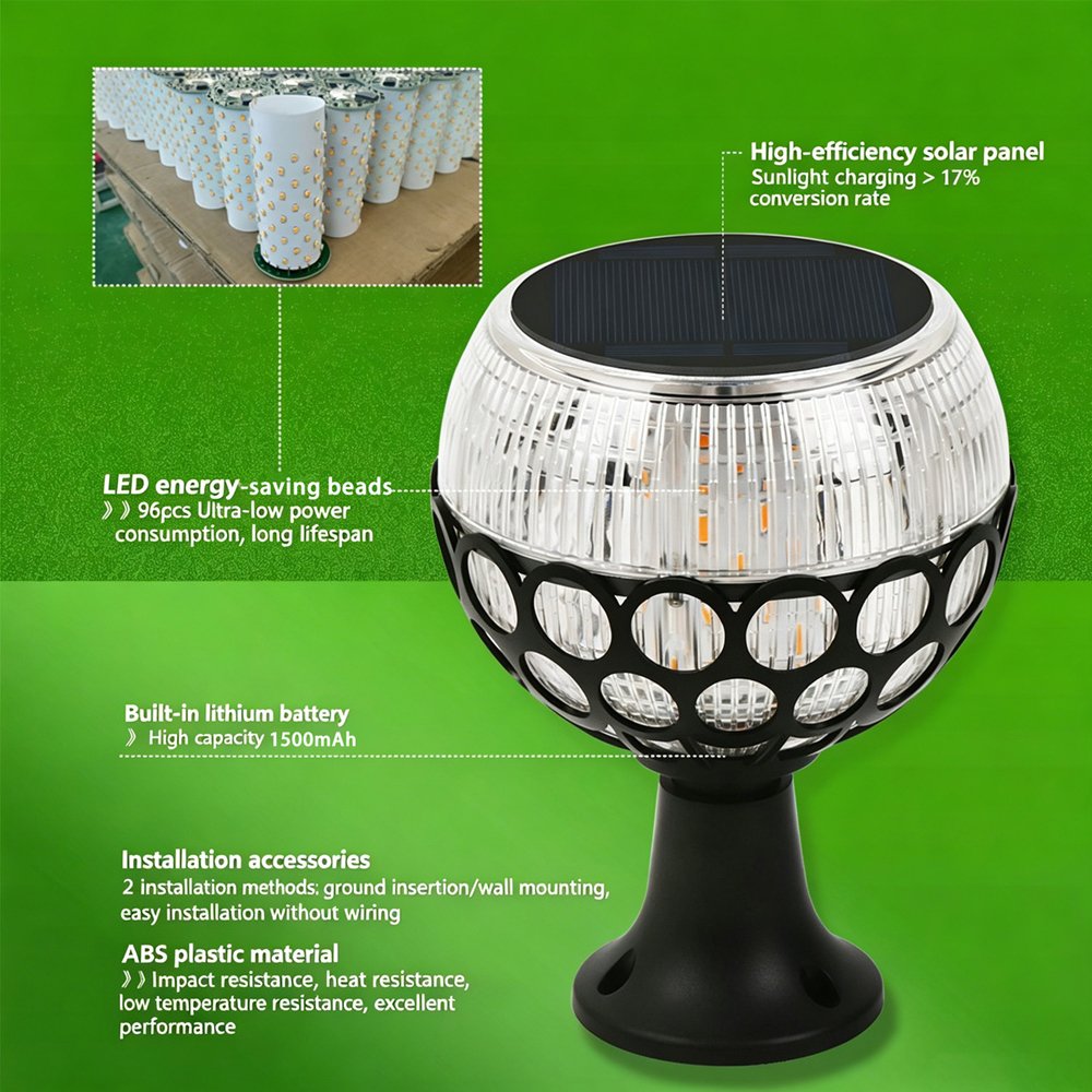 Solar spherical flame lamp is crafted from durable, weather-resistant ABS plastic for long-lasting outdoor use.