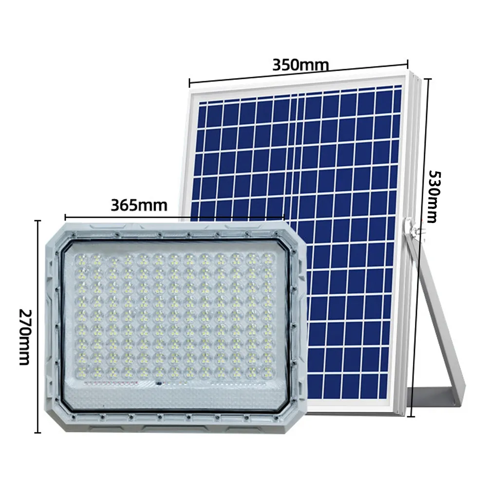 White aluminum plastic solar energy flood lamp with complete dimension marking, shows exact size of lamp body and matched polysilicon solar panel.