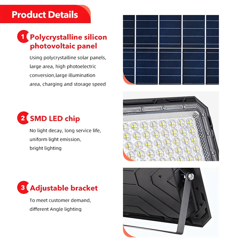 Black aluminum solar flood lamp detailed parts: high conversion polycrystalline panel, bright SMD LED chips & multi-angle adjustable mounting bracket for garden.