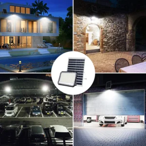 Solar powered flood wall lamp wide application for villa pool, courtyard, parking lot and garage, provides bright outdoor illumination.