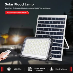 Black aluminum solar flood lamp with remote control, high brightness LED chips, service life over 50000 hours for yard lighting.