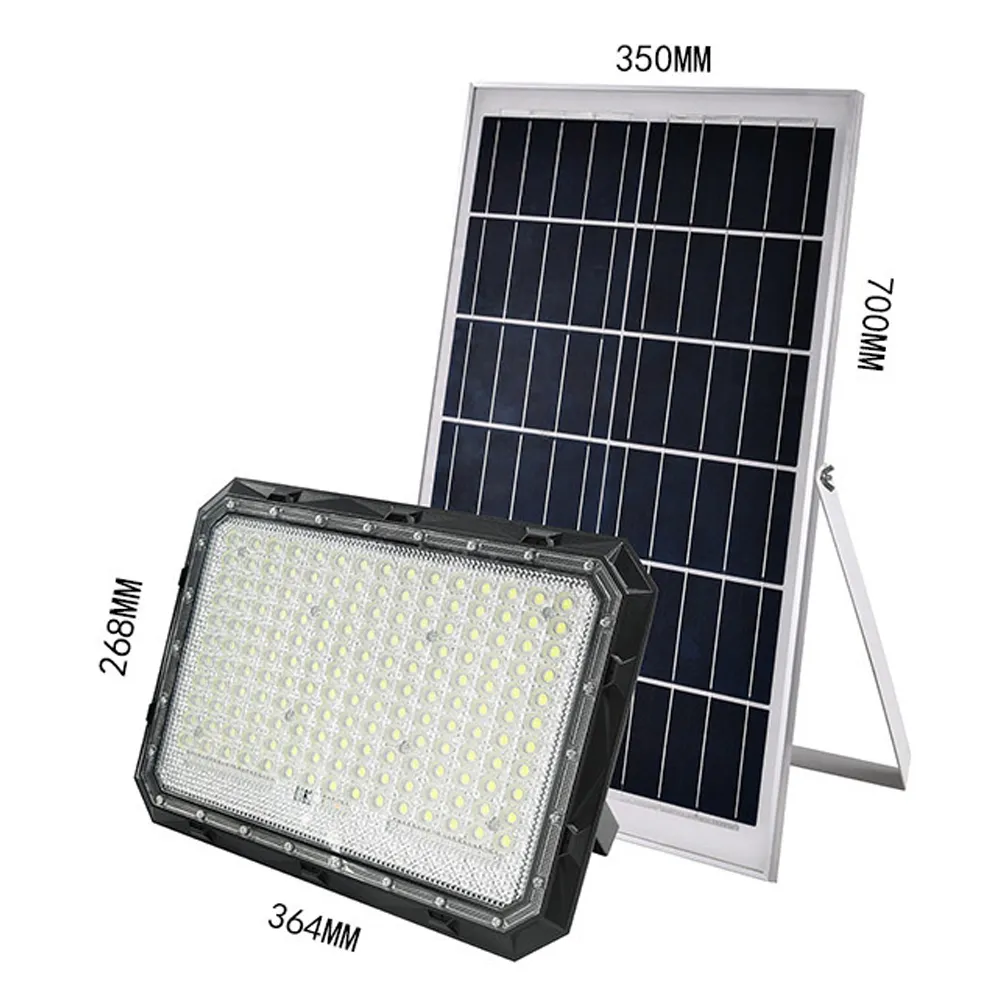 Black aluminum plastic solar flood light with dimension specs, shows detailed size of lamp body and large solar panel.