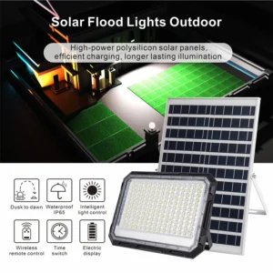 Outdoor black aluminum flood light with dusk to dawn, IP65 waterproof, remote timing & power display for garden use.