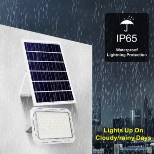 White aluminum solar flood light with IP65 waterproof and lightning protection, still works steadily on rainy cloudy days for building lighting.