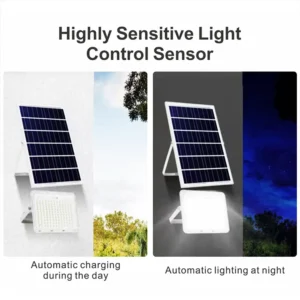 White solar flood light with sensitive light sensor, automatically charges by day and turns on lighting at night for exterior wall installation.